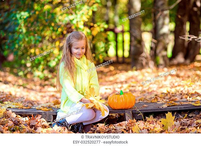 Adorable little girl at beautiful autumn day outdoors