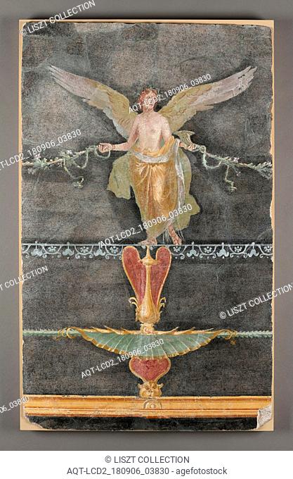 Fresco Fragment with Winged Female on Black Ground; Boscoreale, Italy; 50 - 79; Plaster and pigment; 91 × 56 × 5 cm (35 13, 16 × 22 1, 16 × 1 15, 16 in