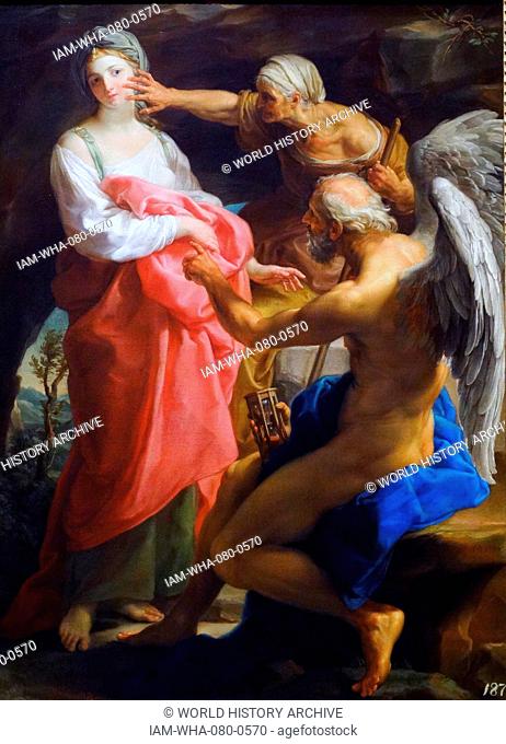 Painting titled 'Time orders Old Age to Destroy Beauty' by Pompeo Girolamo Batoni (1708-1787) an Italian painter. Dated 18th Century`