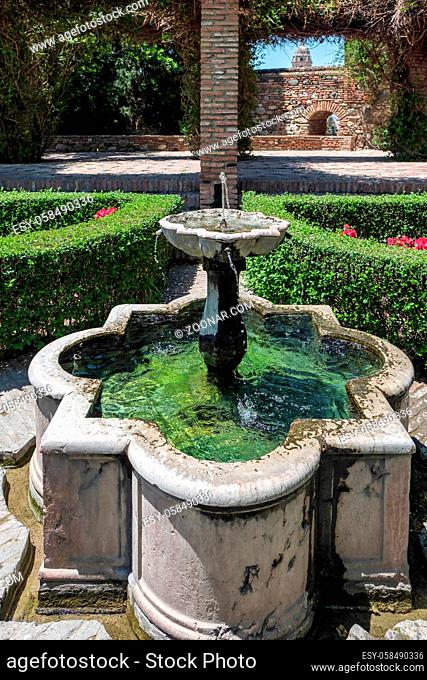 View of the Fountain in the Alcazaba Fort and Palace Gardens in Malaga
