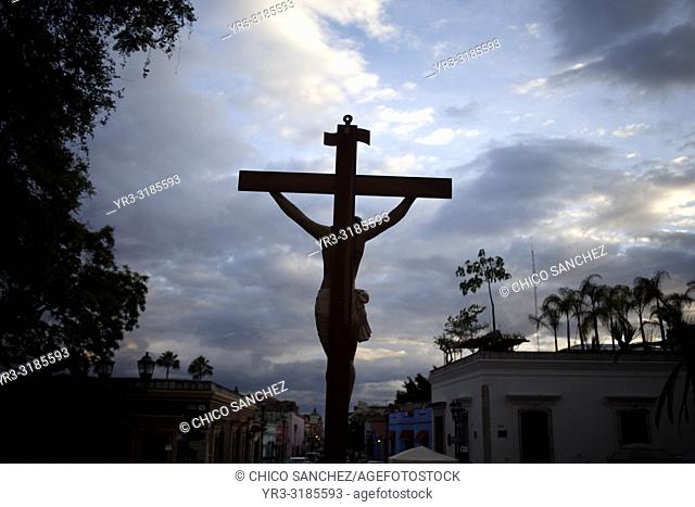 An image of Jesus Christ crucified is displayed during a rosary outside the Templo de Santo Domingo church in Oaxaca, Mexico