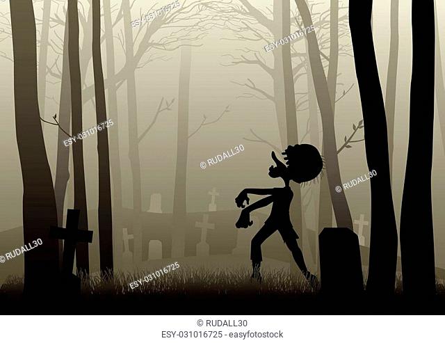Silhouette illustration of a zombie walking on the graveyard in dark woods, for Halloween theme or background