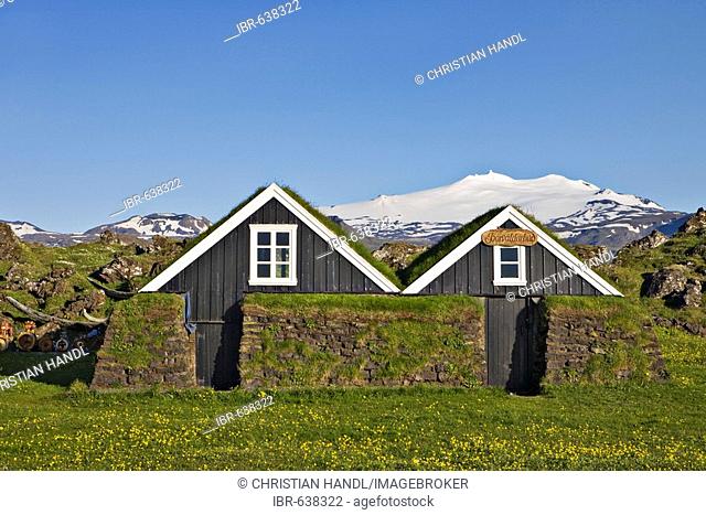 Þorvaldabúð, Mt. Snaefellsnessjoekull in the background, Snaefellsness Peninsula, Iceland, Atlantic Ocean