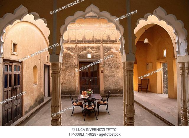 Courtyard, located just outside of Maharani's suite, at Neemrana Fort Palace in Rajasthan, India