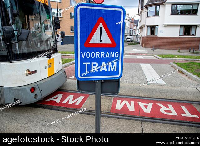 A traffic sign indicating a tram has prioritu pictured in Gent on Sunday 13 August 2023...BELGA PHOTO NICOLAS MAETERLINCK