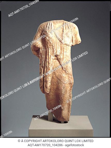 Marble statue of a kore (maiden), Archaic, late 6th century B.C., Greek, Marble, Island, H. 41 1/2 in. (105.4 cm), Stone Sculpture