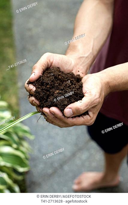 A man's hands holding dirt