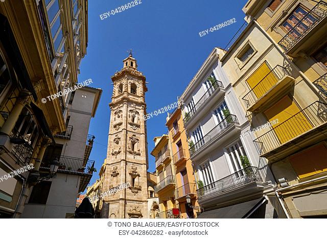 Valencia Santa Catalina church belfry tower from Plaza de la Reina in Spain