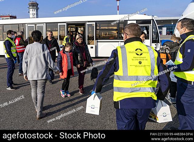 08 November 2022, Moldova, Chisinau: Sick Ukrainian children and their companions arrive for the relief flight at the airport in Chisinau