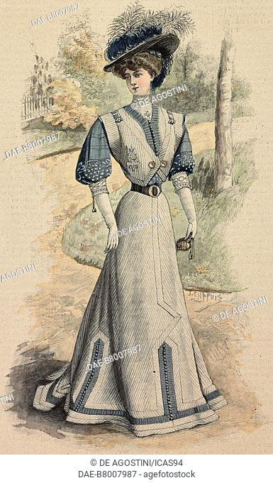 Woman wearing a grey and blue Pekin woolen dress, decorated with trimmings, silk muslin sleeves and a hat with feathers, creation by Martial and Armand
