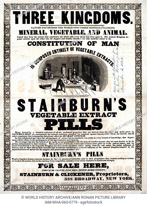 Broadside advertisement for Stainburn's Vegetable Extract Pills showing the interior of a workshop manufactoring pills from vegetable extracts 1842