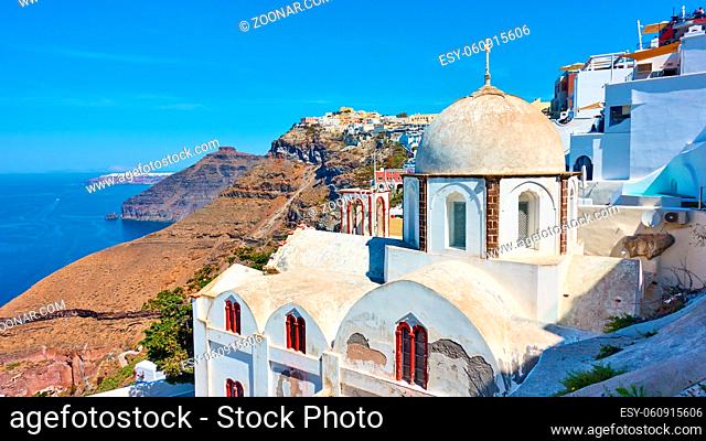 Ancient greek church on the coast in Fira (Thera) town in Santorini island, Greece
