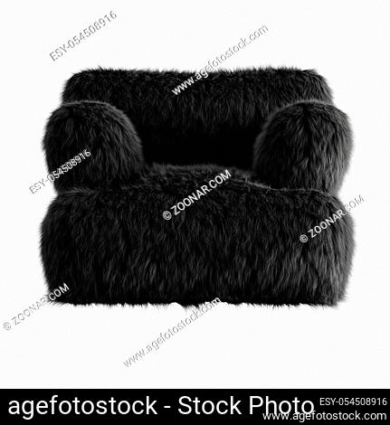 Beautiful black fluffy armchair made of wool on isolated background. 3D rendering