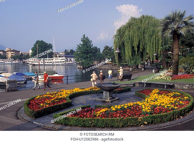 Switzerland, Ticino, Locarno, Lakefront park along Lake Maggiore in the city of Locarno