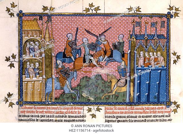 Scene from the Romance of Lancelot of the Lake. The Count des Broches in combat with King Nabor and Sir Gawain. In the centre mounted knights in armour are...