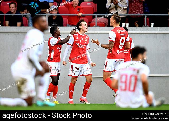 Kalmar's Jacob Trenskow (#20, C) celebrates scoring the opening goal during the UEFA Europa Conference League, second qualifying round first leg