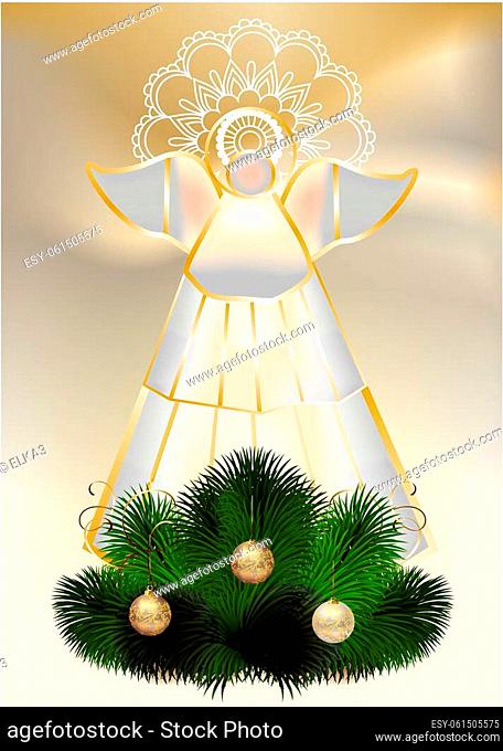composition with a stained glass window depicting an angel and green branches of the Christmas tree