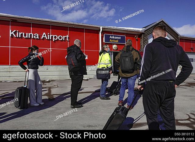 Kiruna, Sweden Passengers arrive with an SAS flight from Stockholm at Kiruna airport wearing obligatory masks