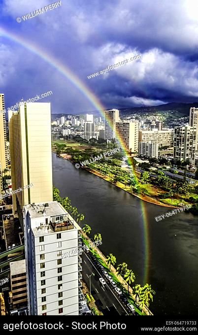 Colorful Rainstorm Double Rainbow Buildings Waikiki Ala Wai Canal Hotels Apartment Buildings Honolulu Oahu Hawaii