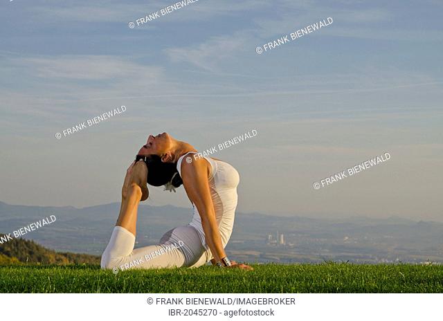 Young woman practising Hatha yoga outdoors, showing the pose bhujangasana, cobra pose, Nove Mesto, Okres Teplice, Czech Republik, Europe