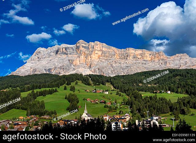 Western face of Sasso di Santa Croce in eastern Dolomites, overlooking Badia valley, the vertical wall of 900 meters , South Tyrol, Italy