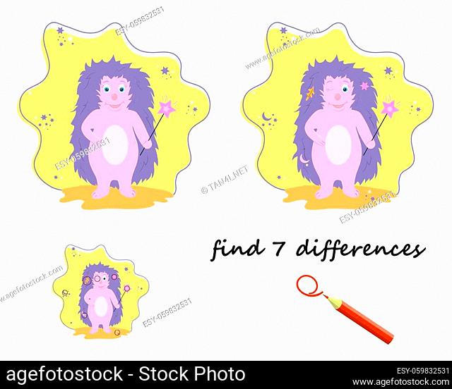 find the differences, a cartoon hedgehog with a magic wand. vector isolated on a white background