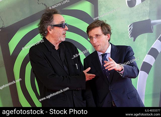 director Tim Burton and Mayor of Madrid Jose Luis Martinez-Almeida attends to ""Tim Burton. El Laberinto"" opening exhibition at the Espacio Ibercaja Delicias...