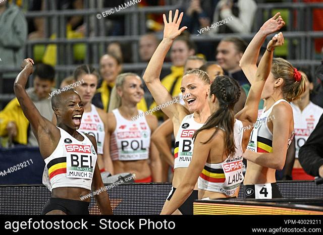 Belgian Cynthia Bolingo Mbongo, Belgian Hanne Claes, Belgian Helena Ponette and Belgian Camille Laus pictured ahead of the finals of the women's 4x400m relay...