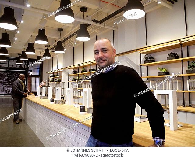 Thomas Perez, CEO of the 'Extraction Lab', photographed at his cafe in Brooklyn in New York, US, 8 February 2017. Two cups of coffee at his café can cost up to...