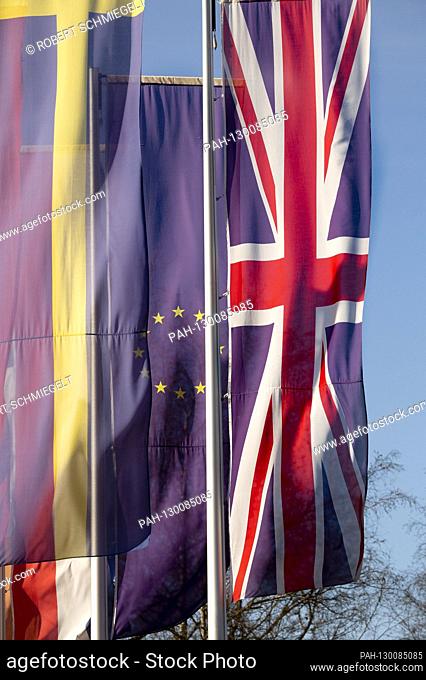 Flags of Sweden, United Kingdom and Europe at Europa Park. Rust, February 20, 2020 | usage worldwide. - Rust/Baden-Würtemberg/Deutschland