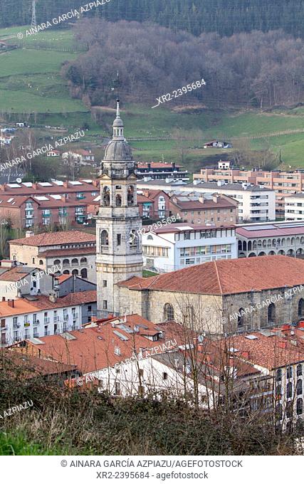 Aerial view of Santa María La Real church in Azkoitia, Urola, Gipuzkoa, Basque Country