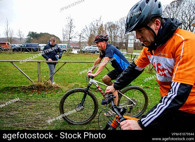 Open Vld's Egbert Lachaert and Flemish Minister Jo Brouns pictured in action during the 'Cyclocross 4 Life' charity cyclocross cycling race