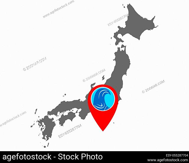 Karte von Japan und Pin mit Tsunamiwarnung - Map of Japan and pin with tsunami warning
