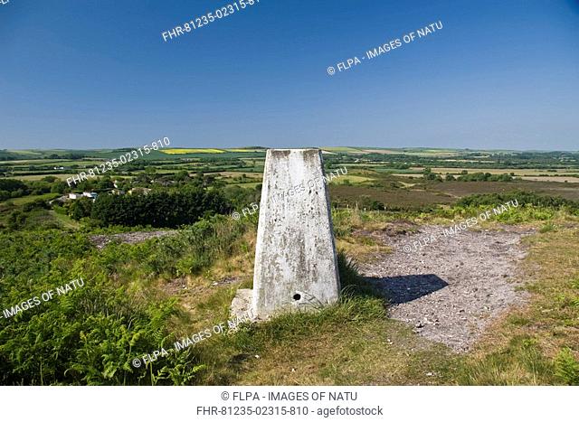 Trig Point, fixed surveying point on heathland, Blacknoll Hill, Winfrith Heath, Purbeck Hills, Dorset, England, spring