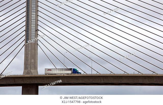 Toledo, Ohio - A truck crosses the cable-stayed bridge that carries Interstate Highway 280 over the Maumee River