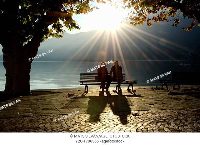 Couple on a bench between two trees on the lake front with shadows and sunbeam