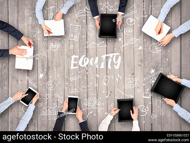 Group of business people working in office with EQUITY inscription, coworking concept