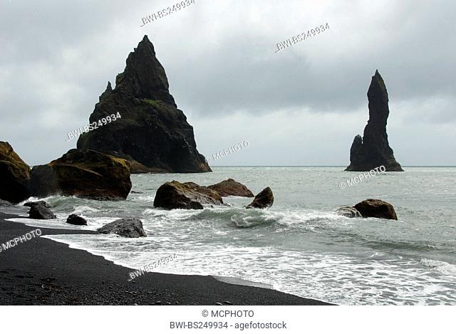 bay at moor valley at Reynisfjara beach with ocean view on bizarre rock towers and needles, Iceland, Mrdalur, Vik i Myrdal
