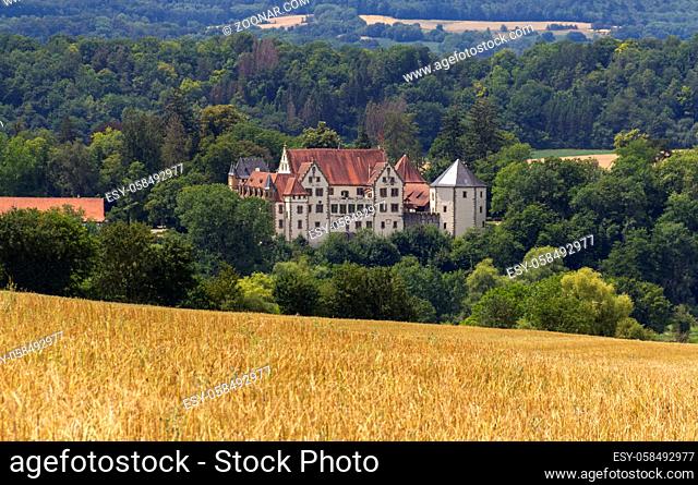 distant view of the Jagsthausen castle located in Southern Germany at summer time