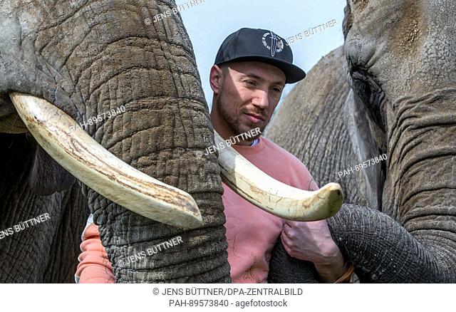 German rapper Liquit Walker from Berlin seen during the filming of a music video featuring elephants at the elephant farm in Platschow, Germany, 31 March 2017