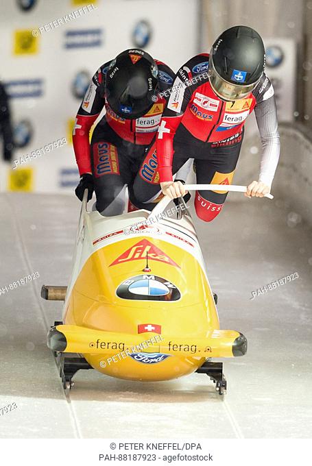 The Swiss bobsleigh team with Sabina Hafner (front) and Eveline Rebsamen in action during the 1st two-women run of the FIBT World Championship 2017 in Schoenau...