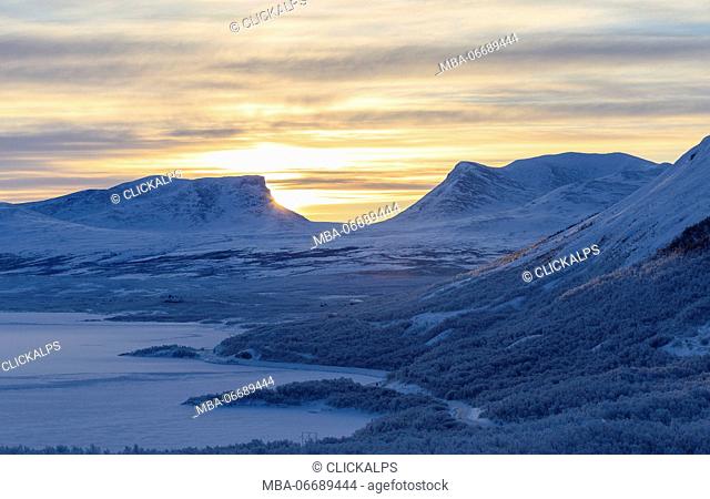 The sun rise over Lapland Door. Bjorkliden, Norbottens Ian, Sweden, Europe