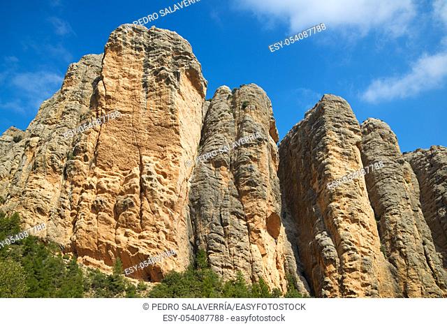 Rock wall, named as Masmut Rocks, in Penarroya de Tastavins, Teruel, Aragon, Spain