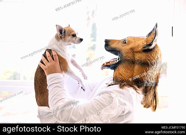 Girl wearing dog mask carrying puppy while standing at home