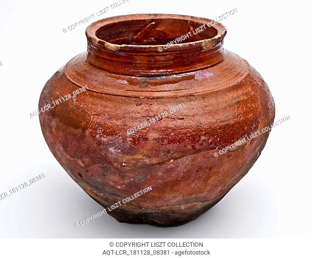 Earthenware cooking pot or storage jar on stand fins with cylindrical neck, storage jar holder soil find ceramic earthenware glaze lead glaze