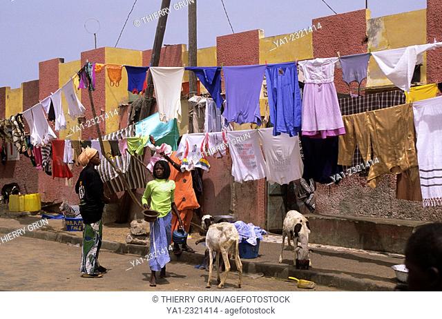 Wet clothes hanging in street, Langue de Barbarie, Saint Louis, Senegal, West Africa