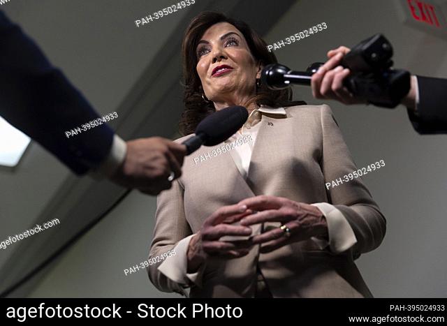 Governor Kathy Hochul (Democrat of New York) speaks with reporters following a meeting with members of the New York Congressional delegation in the Rayburn...