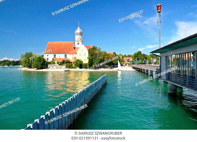 Picturesque view on church in Wasserburg on Lake Bodensee, Germany