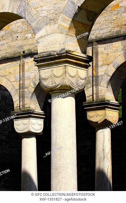 Round column with a romanesque capital, ruins of the monastery Paulinzella, Rottenbachtal, Thuringia, Germany