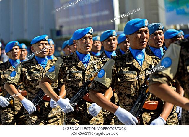 Parade of a Blue Helmets UN battalion, Ulaanbaatar, Mongolia